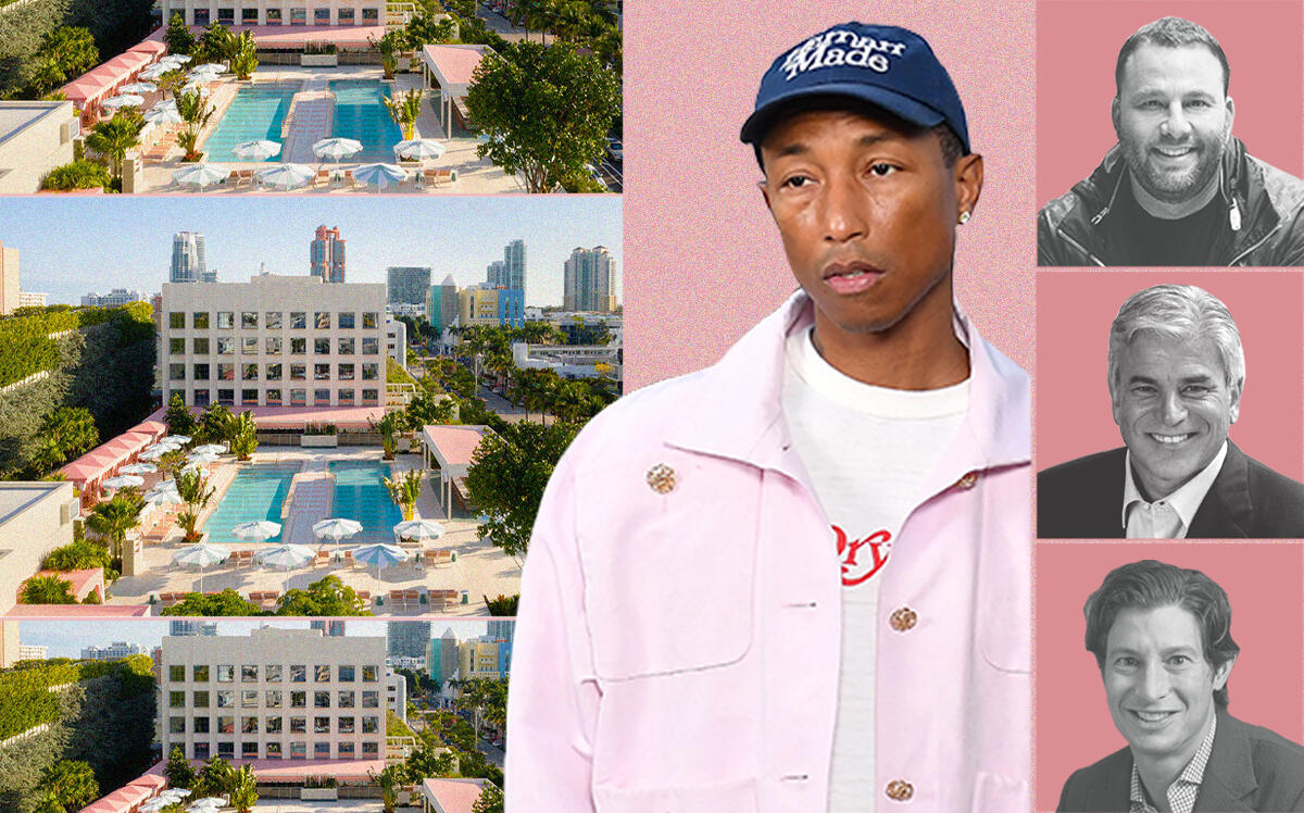 The Goodtime Hotel with Pharrell Williams and (from top) David Grutman, Michael D. Fascitelli and Eric Birnbaum (Getty, Alice Gao)