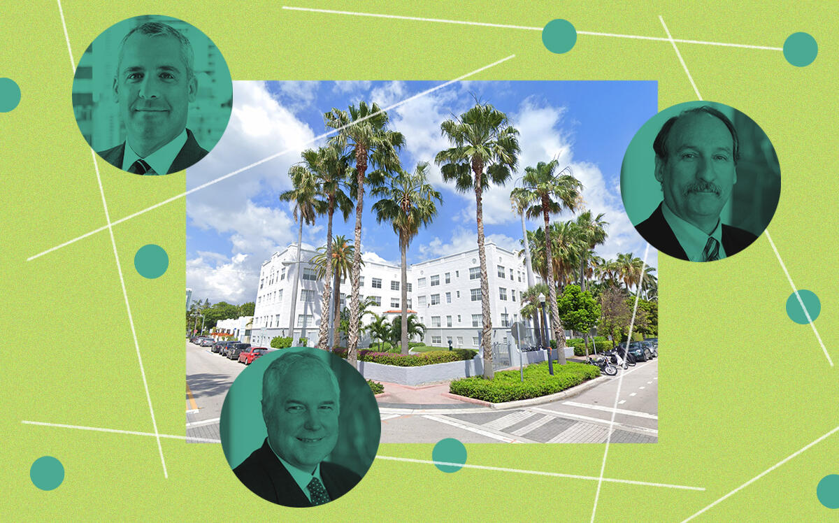 700 Euclid Avenue in Miami Beach and (clockwise from top left) Sentinel executives Scott Arden, Martin Cawley and George Tietjen (Google Maps)