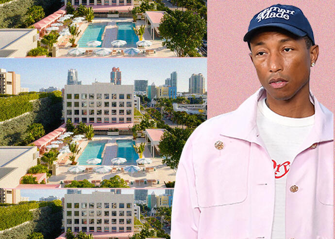 The Goodtime Hotel with Pharrell Williams and (from top) David Grutman, Michael D. Fascitelli and Eric Birnbaum (Getty, Alice Gao)