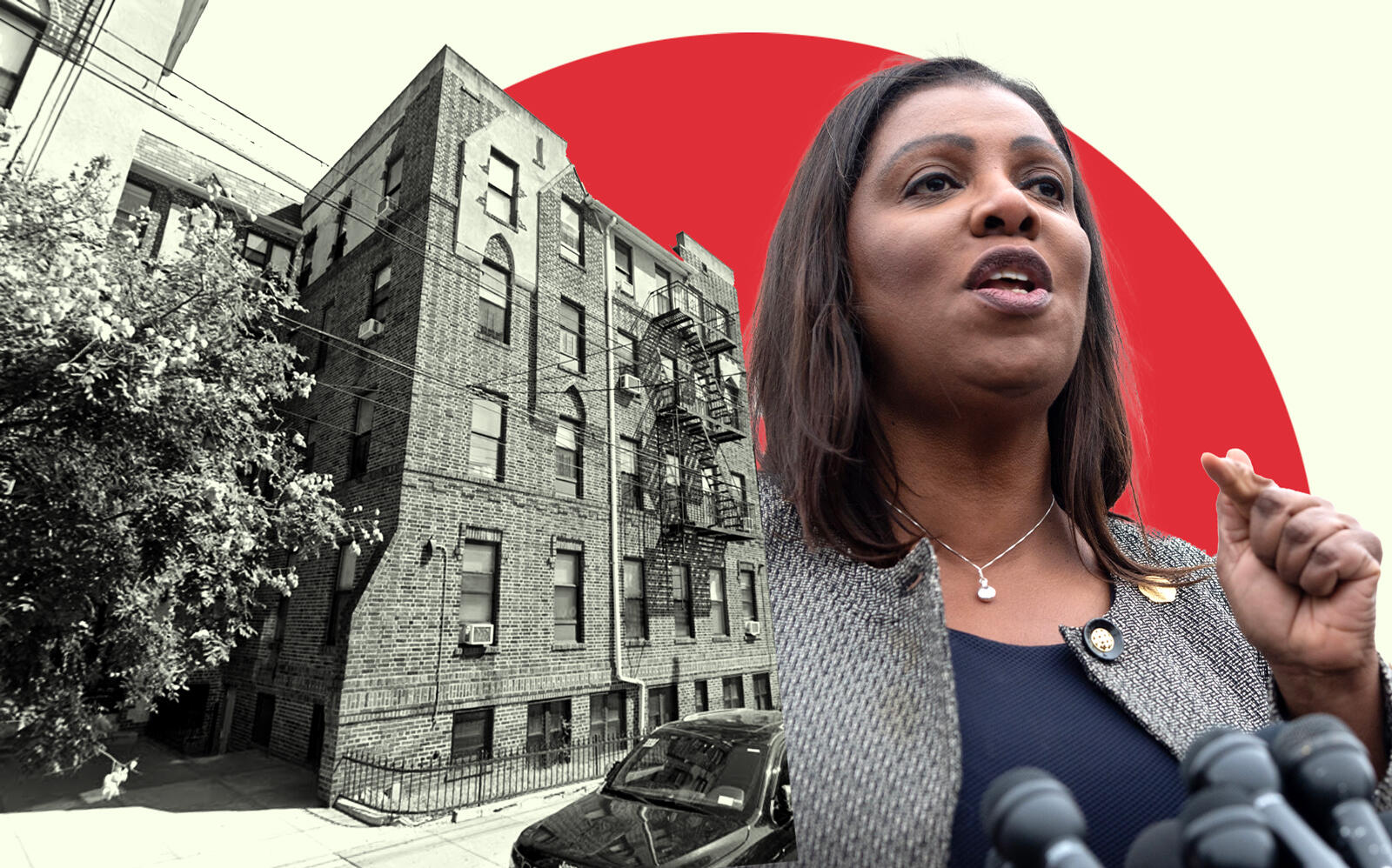 420 Stockholm Street in Bushwick with State Attorney General Letitia James (Google Maps, Getty)