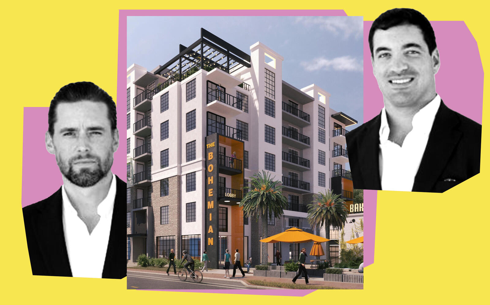 Affiliated Development's Jeff Burns and Nick Rojo with a rendering of the Bohemian in Lake Worth (Affialiated Development, MSA Architects)