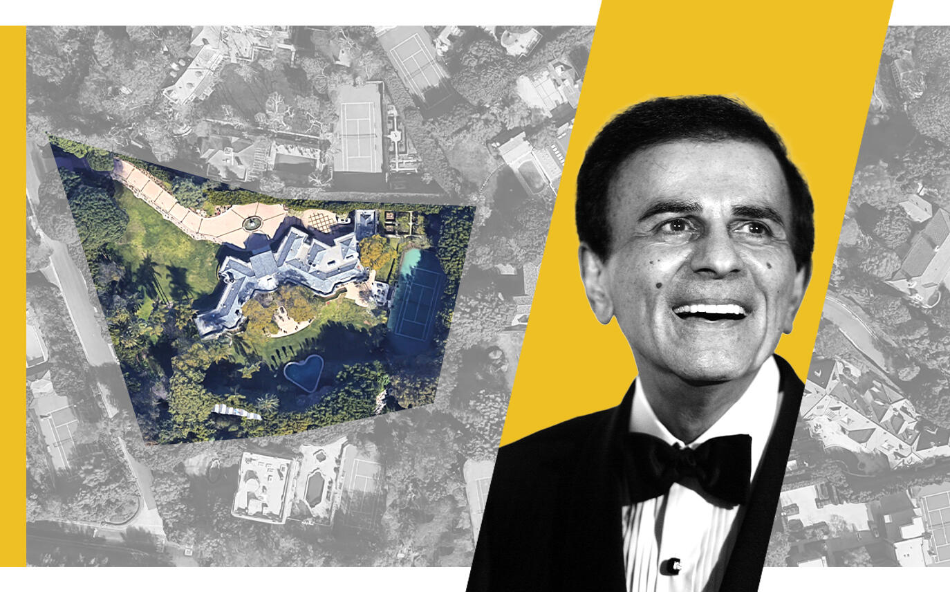 Casey Kasem and an aerial of the Beverly Crest mansion at 138 N Mapleton Dr (Photos via Getty, Google Maps)