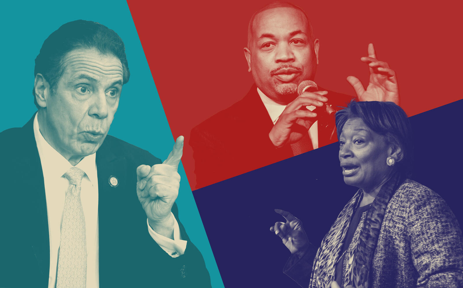 Gov. Andrew Cuomo, Senate Majority Leader Andrea Stewart-Cousins and Assembly Speaker Carl Heastie (Getty; iStock/Illustration by Kevin Rebong for The Real Deal)