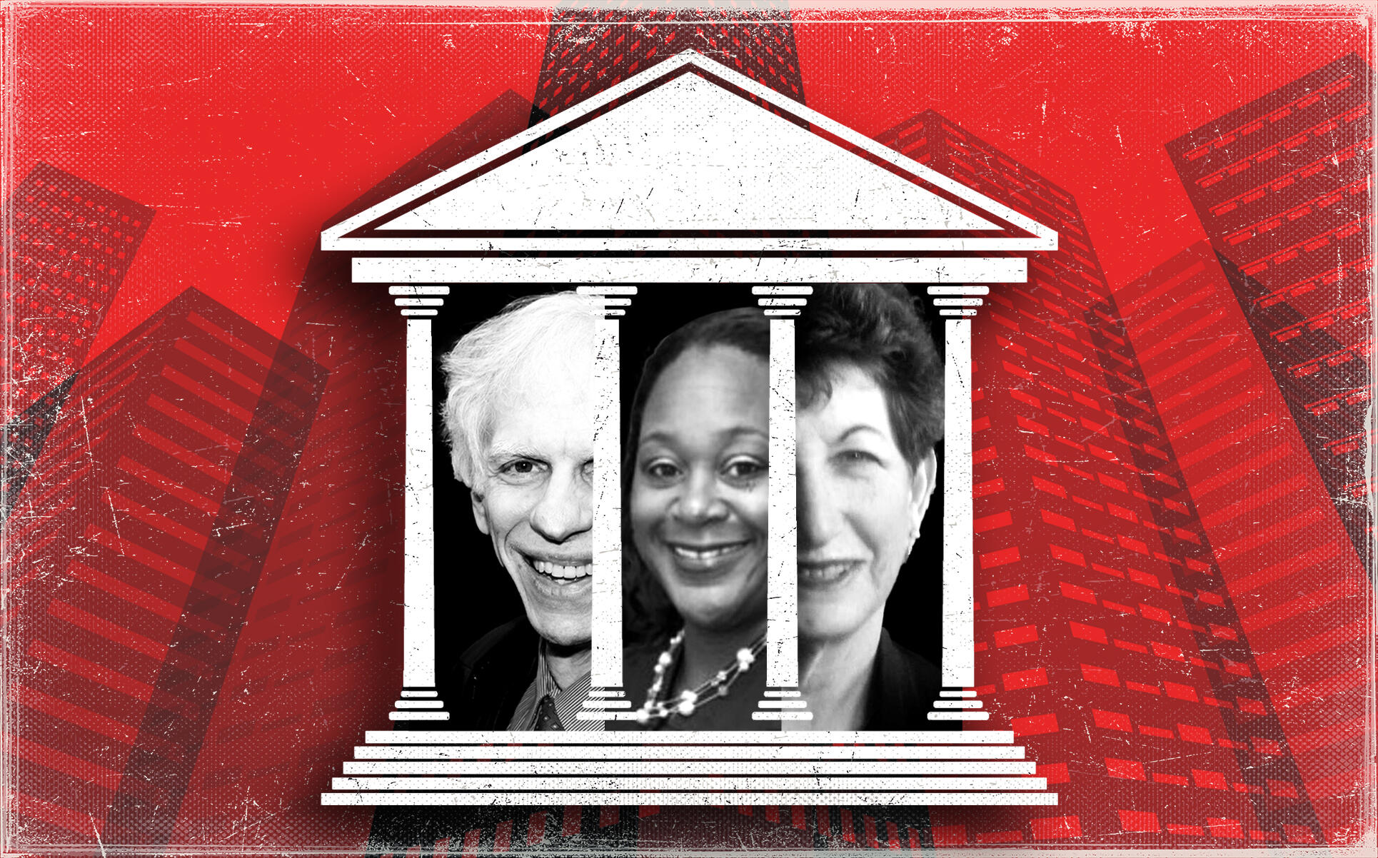 New York State Supreme Court judges Arthur Engoron, Verna Saunders and Katherine Levine (Illustration by Kevin Rebong for The Real Deal)
