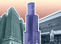 Hilton brand’s Hilton Chicago Downtown, Blackstone Group’s Willis Tower and Simon Property Group’s Woodfield Mall (Google Maps, Simon, WikiMedia / Chris6d)