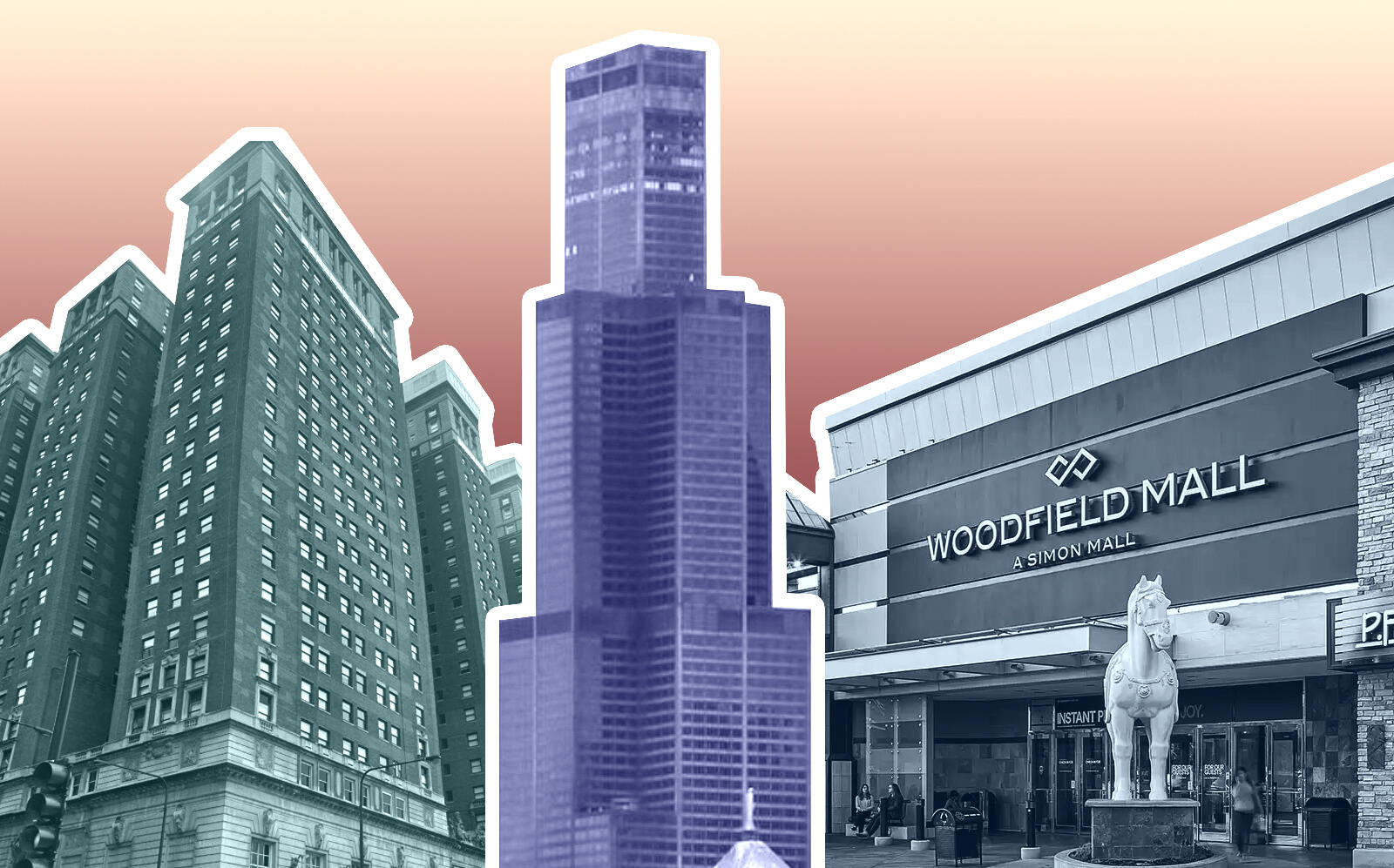 Hilton brand’s Hilton Chicago Downtown, Blackstone Group’s Willis Tower and Simon Property Group’s Woodfield Mall (Google Maps, Simon, WikiMedia / Chris6d)