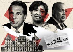 Gov. Andrew Cuomo, Andrea Stewart-Cousins and Carl Heastie (Getty; iStock/Illustration by Kevin Rebong for The Real Deal)