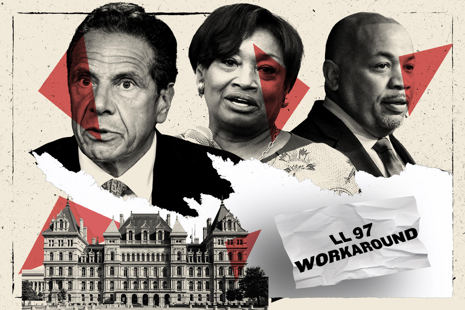 Gov. Andrew Cuomo, Andrea Stewart-Cousins and Carl Heastie (Getty; iStock/Illustration by Kevin Rebong for The Real Deal)