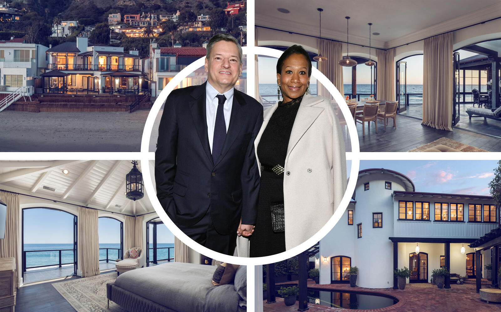 Netflix co-CEO Ted Sarandos and his wife Nicole Avant are selling their Malibu home that they purchased from David Spade. (Getty, Compass)