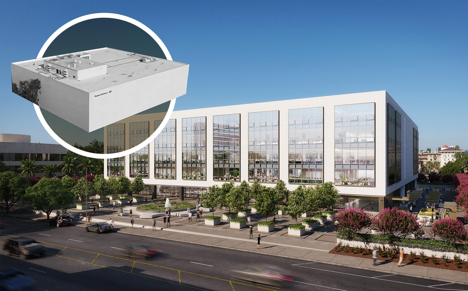 Rendering of the new Pasadena office and existing building inset. (JLL, 101 South Marengo)