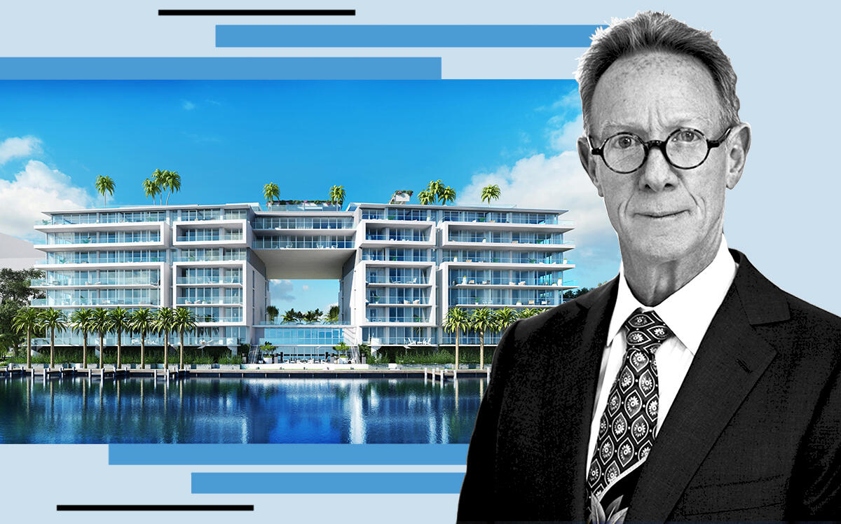 Bruce Eichner with a rendering of the Bay Harbor Islands project