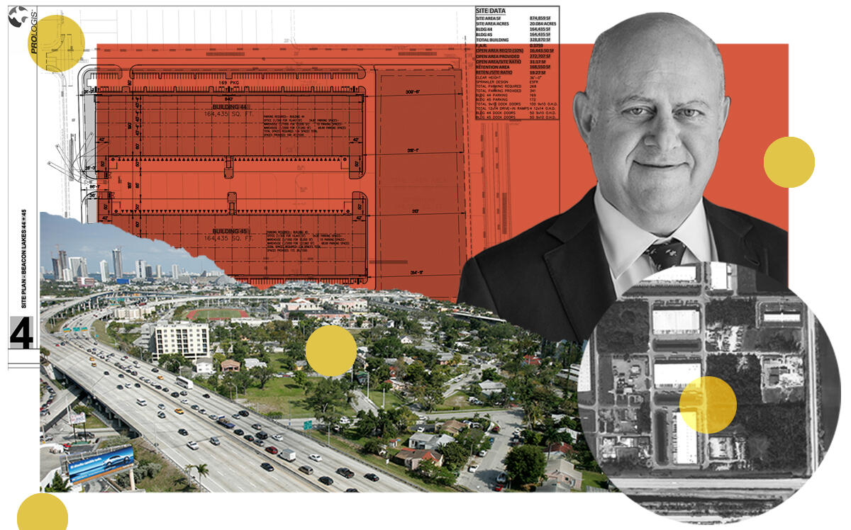 Prologis CEO Hamid Moghadam with project plans, an aerial view of Northwest 129th Avenue and 14th Street and the Dolphin Expressway in Miami-Dade County (Prologis, Getty, Google Maps)