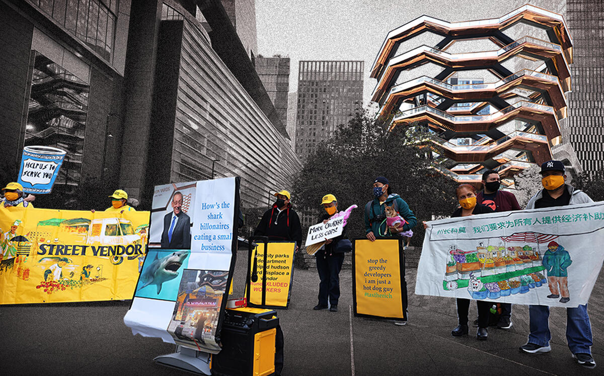 Protestors in support of street vendors gather in Hudson Yards on May 7, 2021 (Getty)