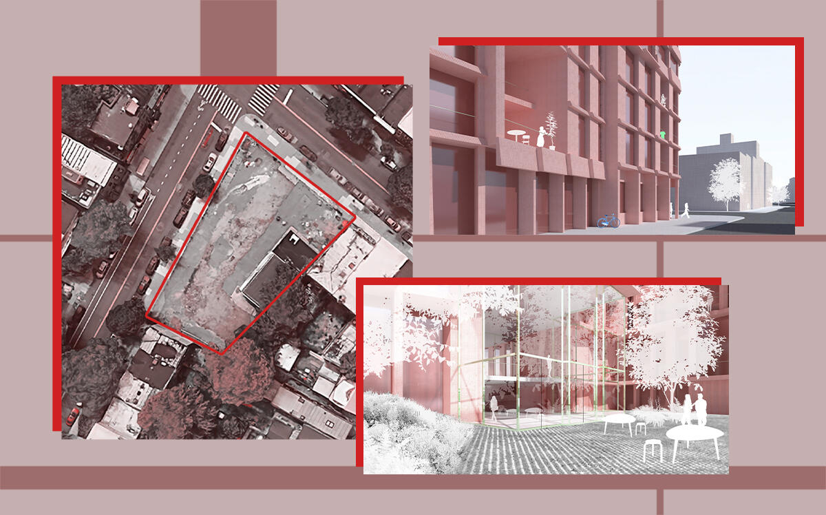 An aerial view of 134 Vanderbilt Avenue and renderings of the project (Google Maps, Tankhouse)