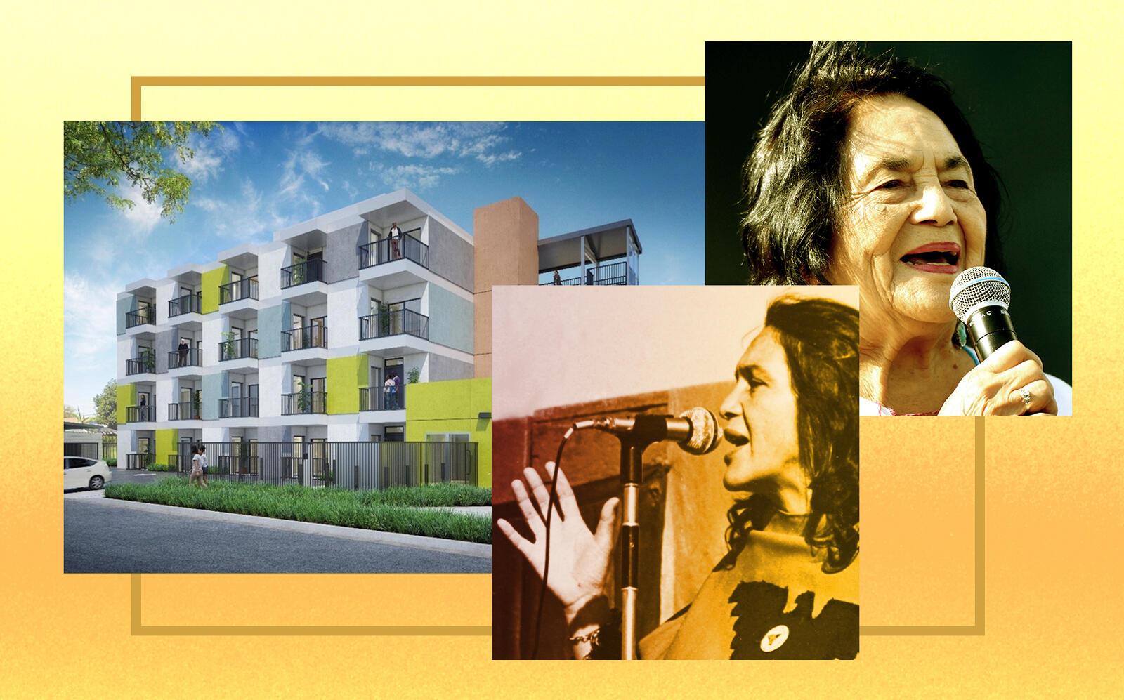 A rendering of Dolores Huerta Apartments in South Los Angeles with Dolores Huerta (Getty,  SDS Capital Group’s Supportive Housing Fund)