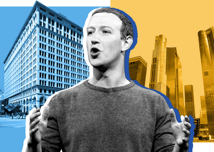 Facebook CEO Mark Zuckerberg with 770 Broadway and Hudson Yards (Getty, VNO, iStock)