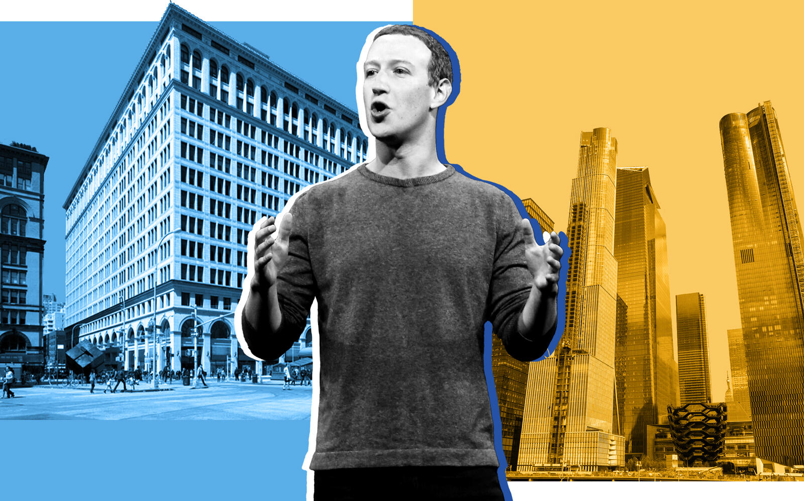 Facebook CEO Mark Zuckerberg with 770 Broadway and Hudson Yards (Getty, VNO, iStock)