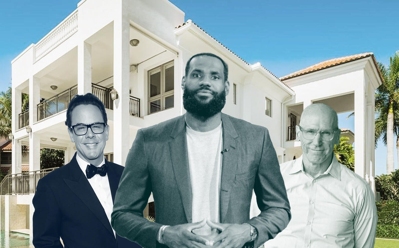 Tomo Kipp, LeBron James, Jeff Conry and the Crystal View Court Mansion. (Getty, iAero, Compass)