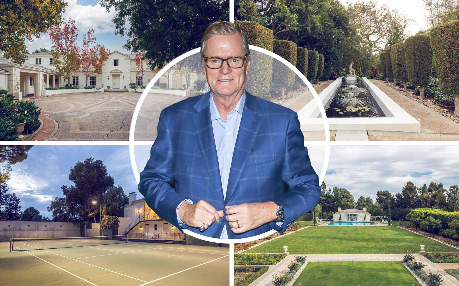 Rick Hilton and the Bel Air estate at 1060 Brooklawn Drive. (Getty, Hilton & Hyland)