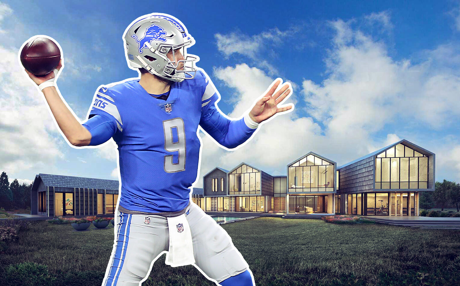 Matthew Stafford and renderings of his future Hidden Hills manse. (Getty, EGC Real Estate)