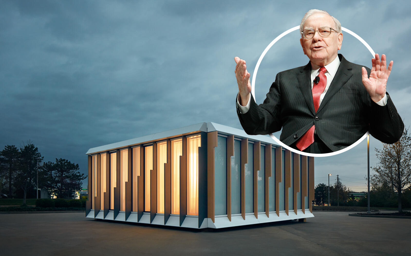 Warren Buffet and a prototype of a MiTek and Danny Forster & Architecture building. (MiTek, Getty)