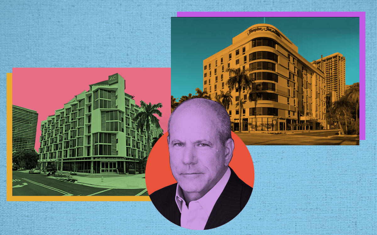 TPG CEO Jon Winkelried with AC Hotel Miami Midtown at 3400 Biscayne Boulevard and the next-door Hampton Inn & Suites at 3450 Biscayne Boulevard (Hilton, Google Maps)