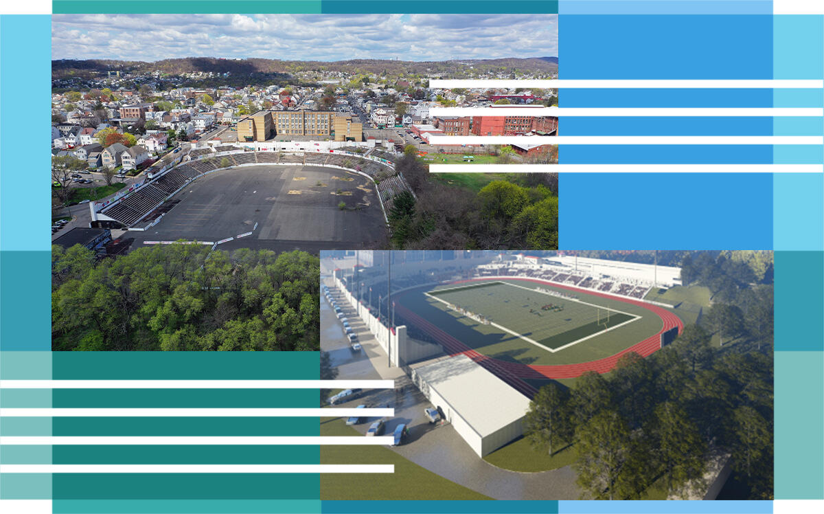 Hinchcliffe Stadium and a rendering of the restoration project (Getty, BAW Development)