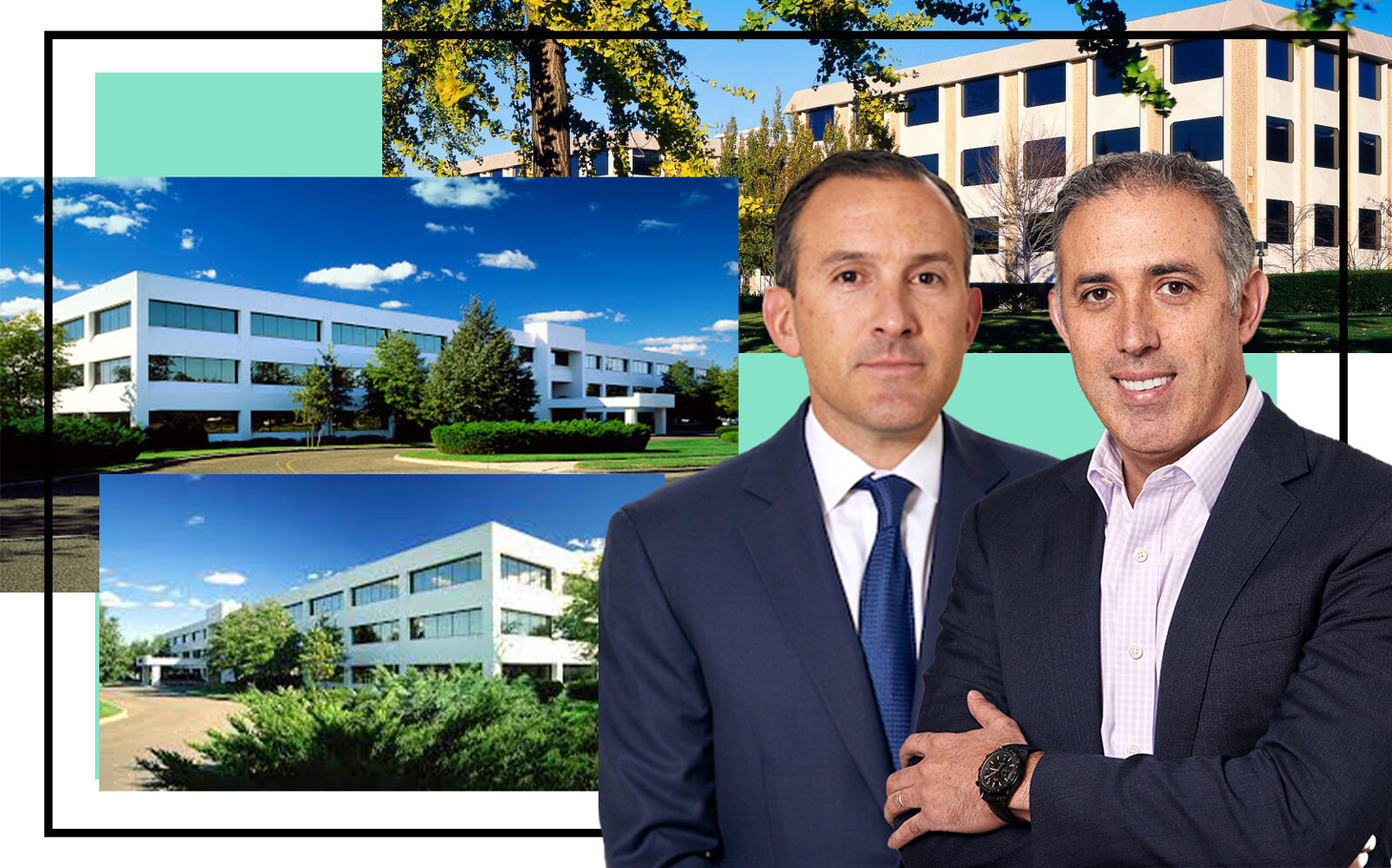 Josh Baumgarten (left) and Adam Schwartz, co-CEOs and co-Chief Investment Officers of Angelo Gordon with 2 Huntington Quadrangle, Melville, 6 and 8 Corporate Center Drive in Melville (Angelo Gordon, We're Group)