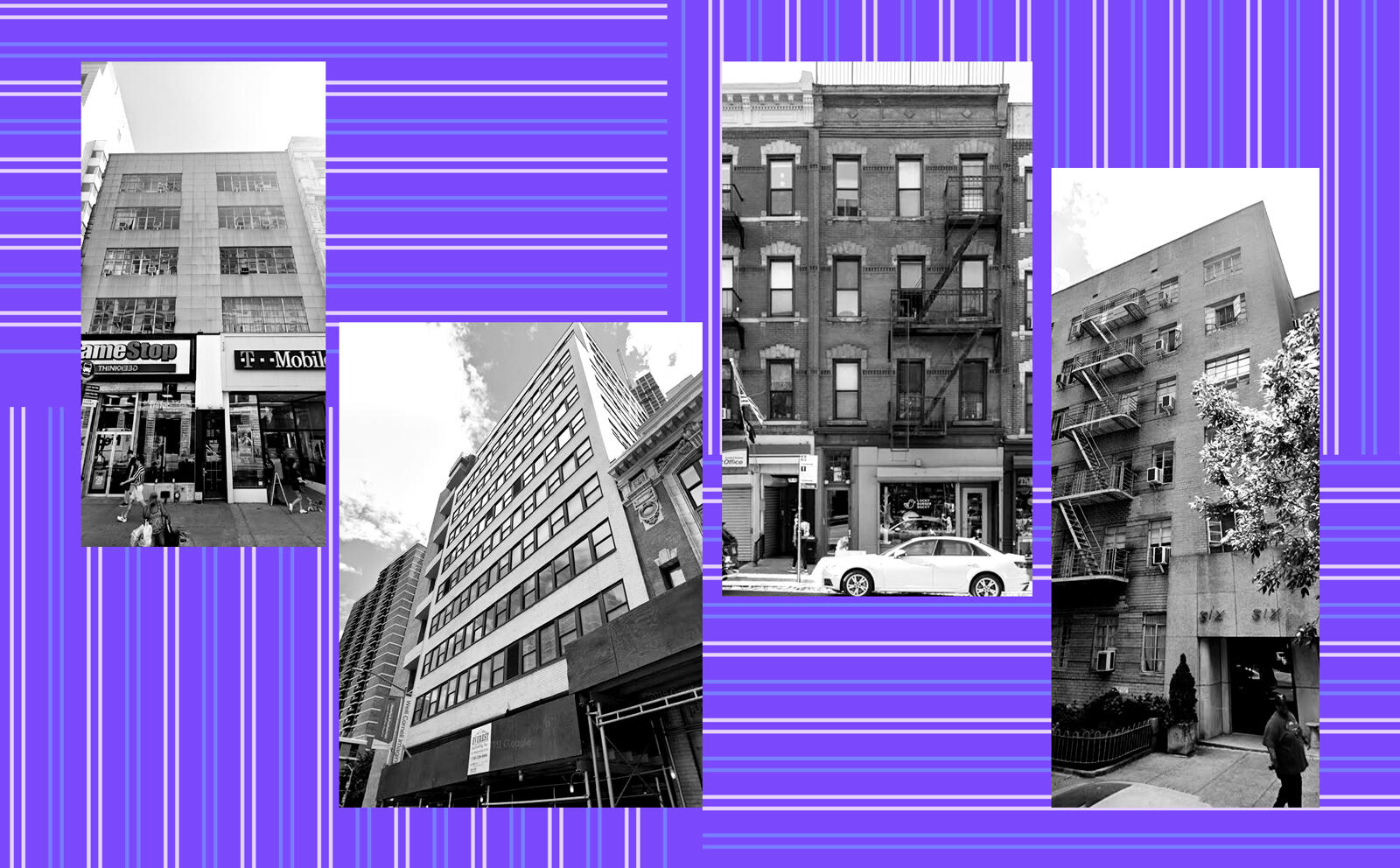 From left: 30 East 14th Street, 156 William Street, 196 7th Avenue and 66 West 88th Street (StreetEasy, Google Maps)