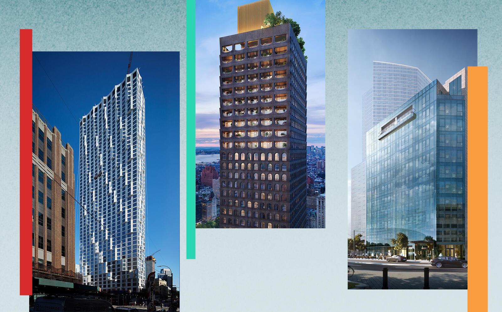 Renderings of 11 Hoyt in Brooklyn, 130 William in Manhattan and 5 Court Square in Queens (Photos via Studio Gang/Tom Harris, Sir David Adjaye and MY Architect PC)
