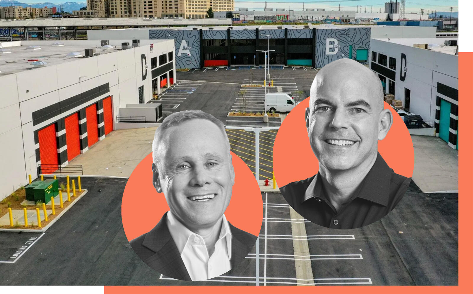 The Box Yard property and Rexford Industrial co-CEOs Howard Schwimmer and Michael Frankel (Box Yard LA. Rexford Industrial)