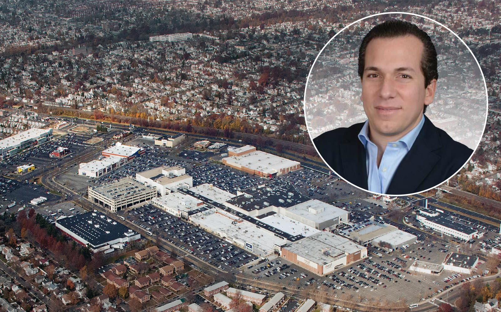 Shoppers World CEO Sam Dushey with an aerial shot of Green Acres Mall (Shoppers World, Macerich)