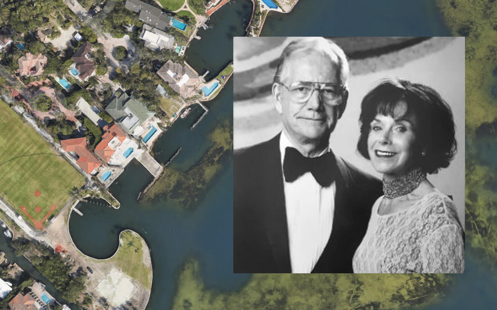 Charlene and the late Ron Esserman with an aerial of the Coconut Grove home (Google Maps, the Miami Foundation)