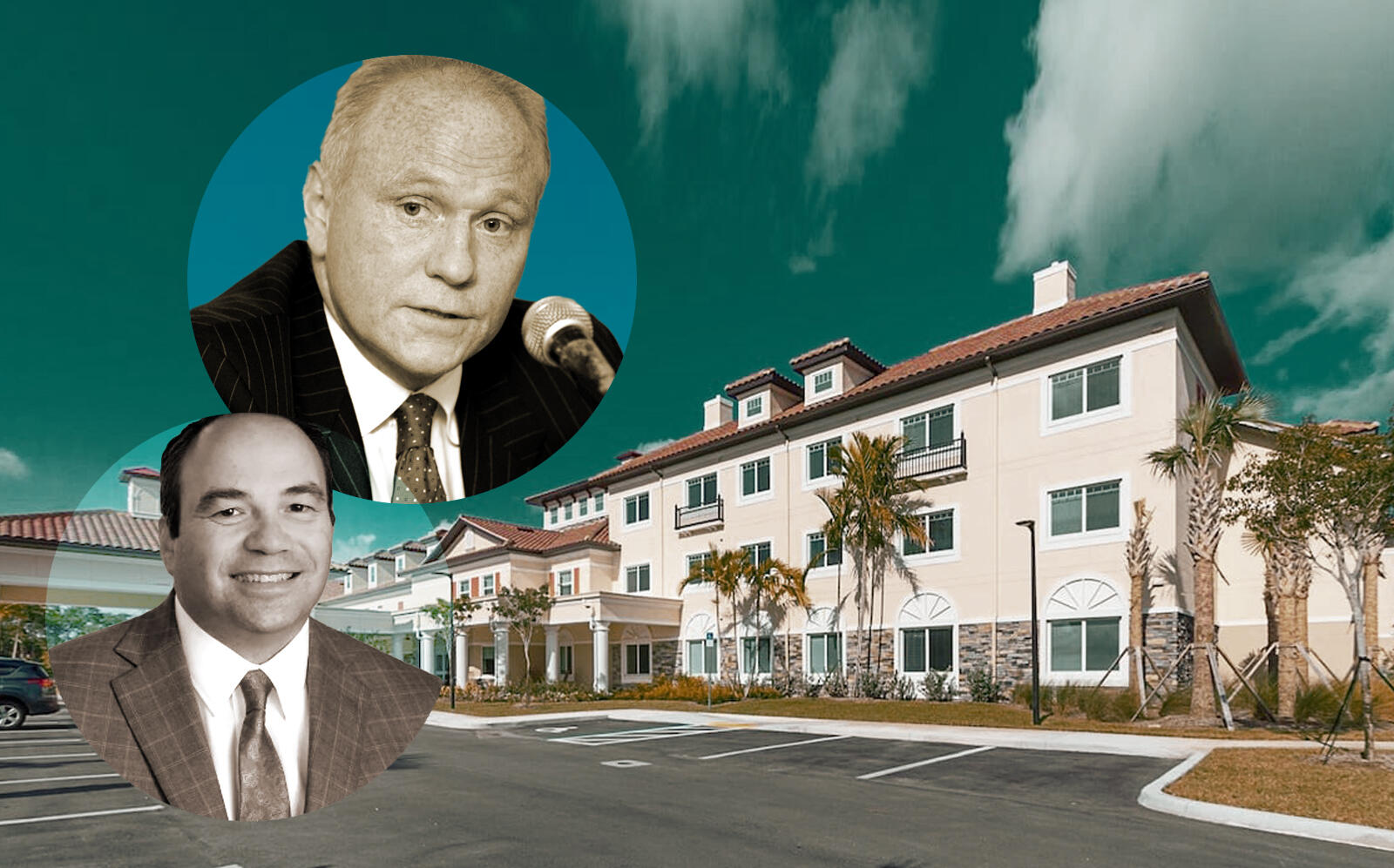 Lone Star Funds founder and chair John Grayken, Discovery Senior Living exec Richard Hutchinson and the Palm Beach Gardens location of Discovery Senior Living. (Discovery, Getty)