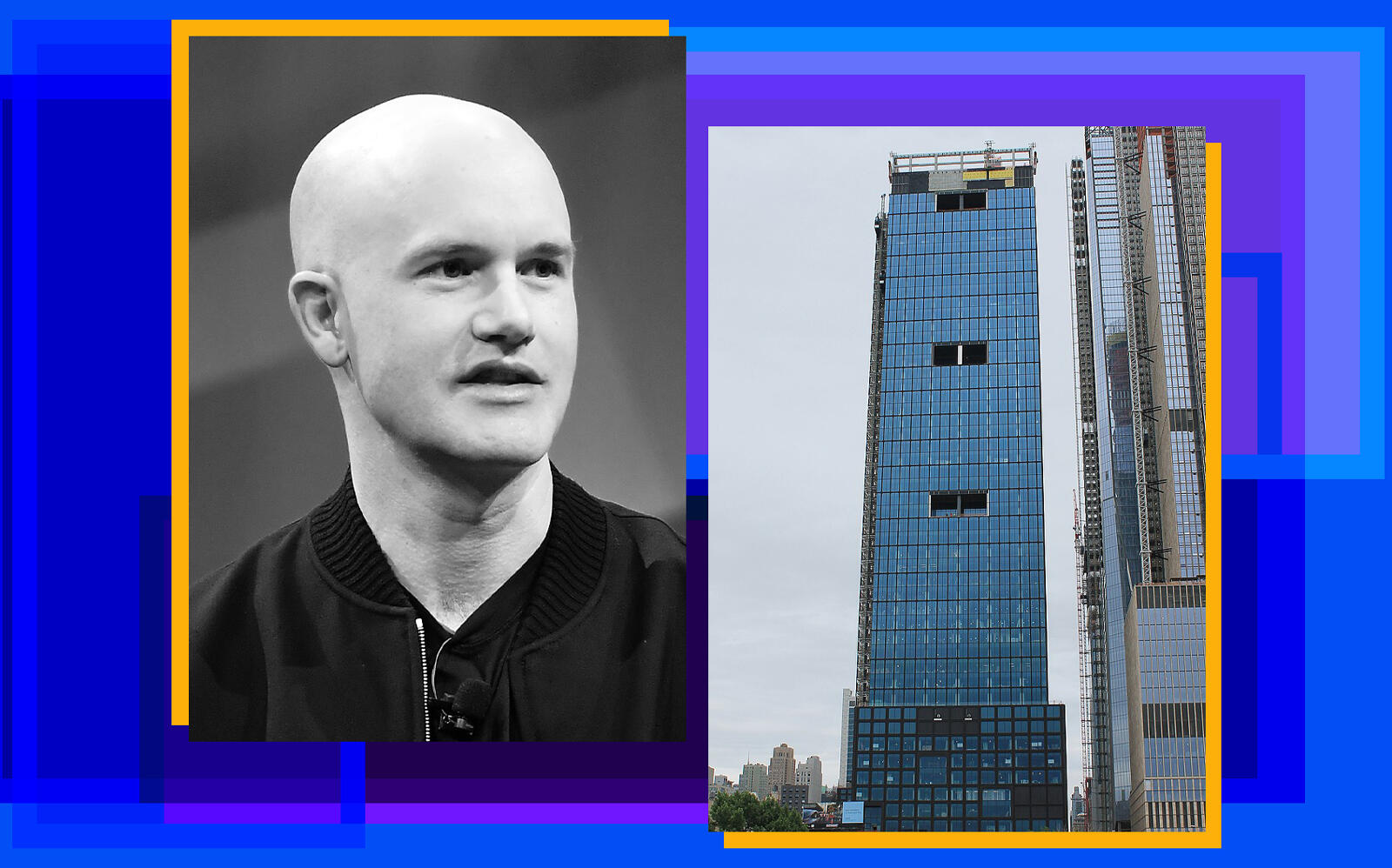 Coinbase CEO Brian Armstrong and 55 Hudson Yards (Getty, Godsfriendchuck/Wikimedia)