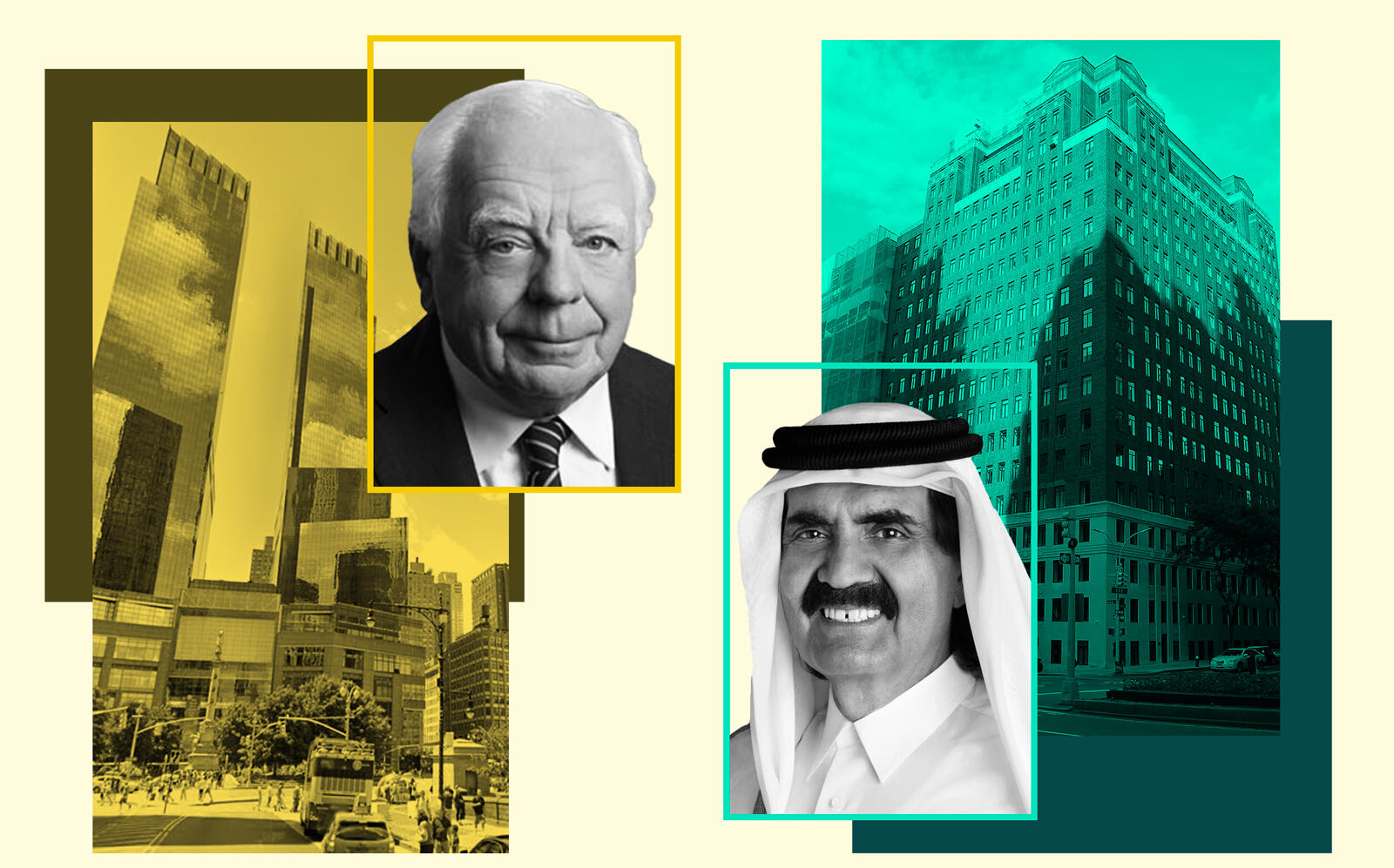 From left: 80 Columbus Circle with Robert Stiller and 737 Park Avenue with Hamad bin Khalifa Al Thani (Photos via Google Maps, Agnovos, State of Qatar, Godsfriendchuck/Wikimedia)
