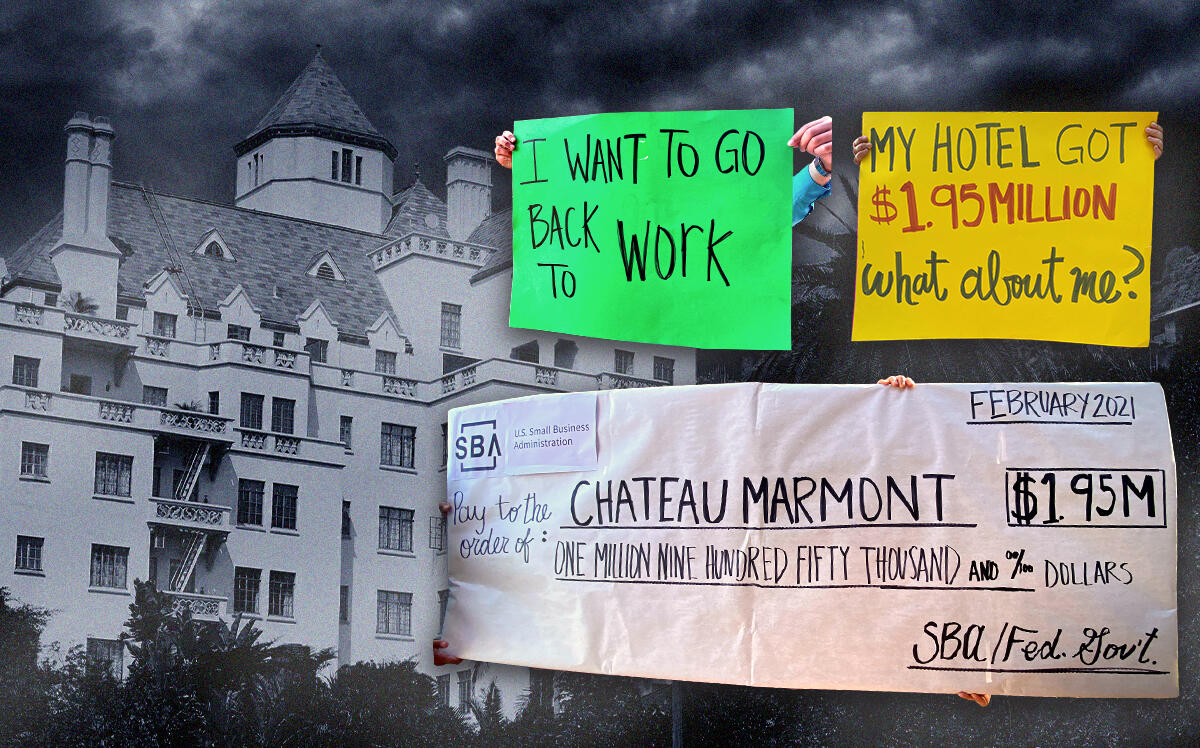 The Chateau Marmont (Getty) and protest signs (Unite Here Local 11)