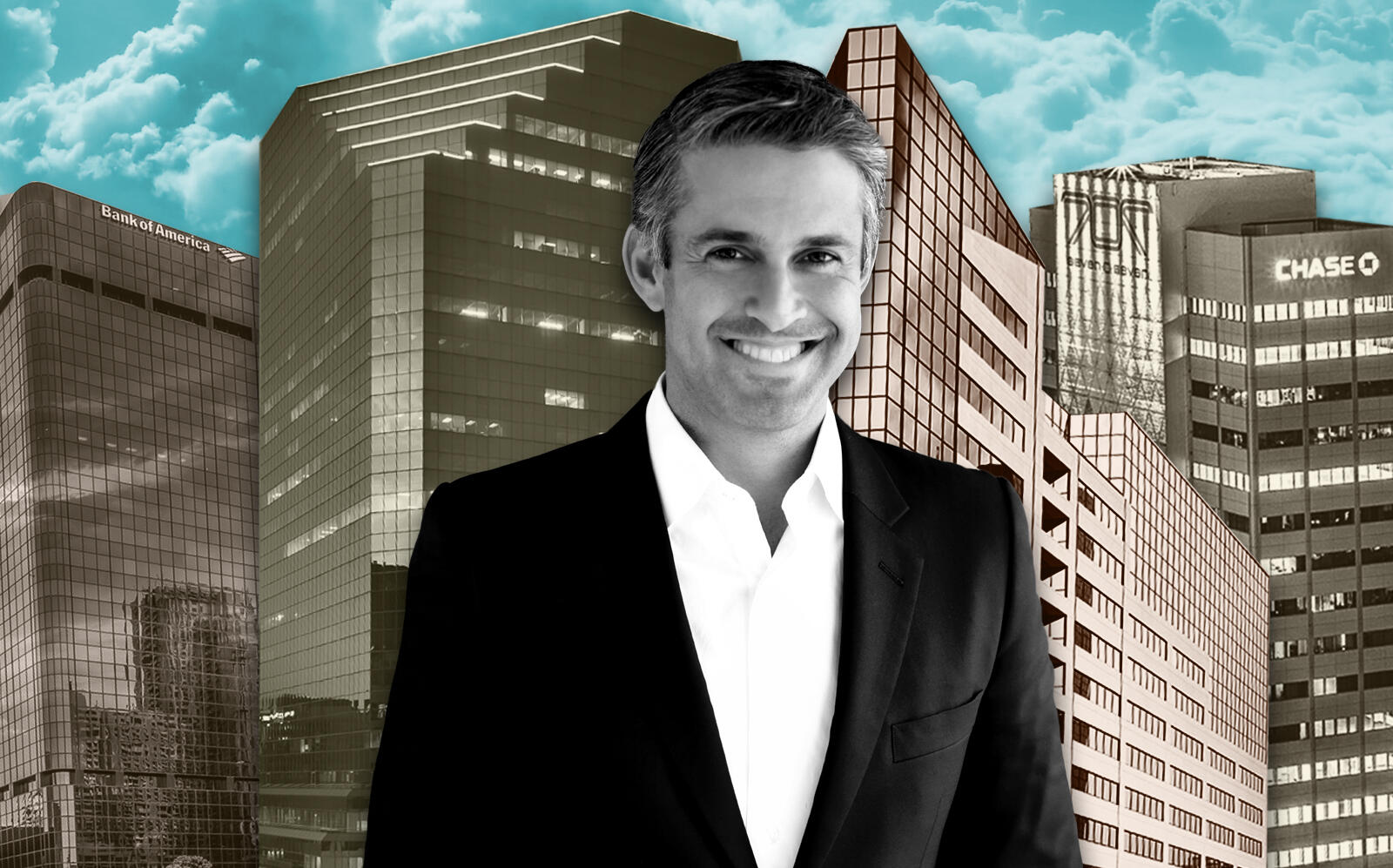 Regent Properties CEO Eric Fleiss with 701 B Street, 1 Columbia Place, 2 Columbia Place, and 707 Broadway (Regent Properties)