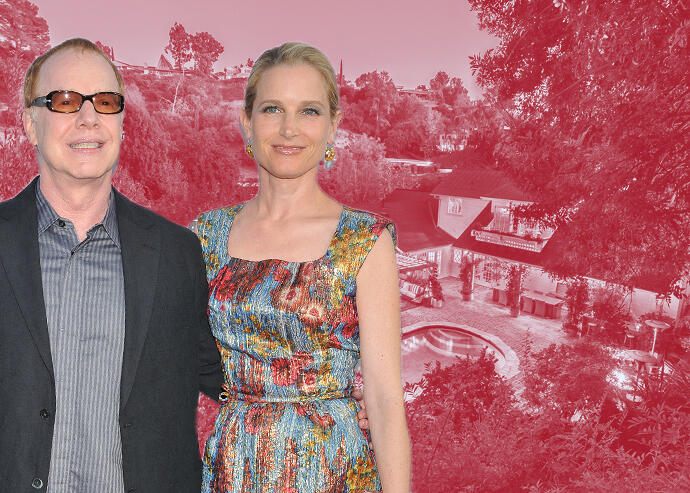 Bridget Fonda and Danny Elfman with 4179 Valley Meadow Road (Getty, Redfin)