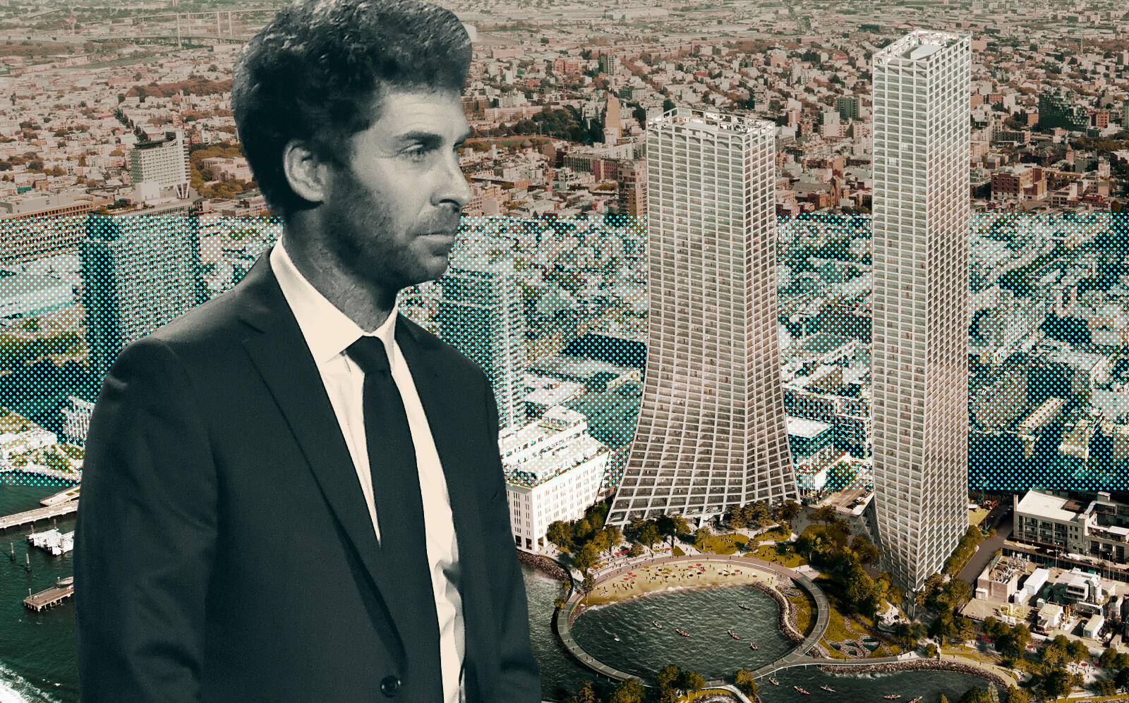 Two Trees CEO Jed Walentas and renderings of the controversial project. (Getty, James Corner Field Operations / Bjarke Ingels Group)