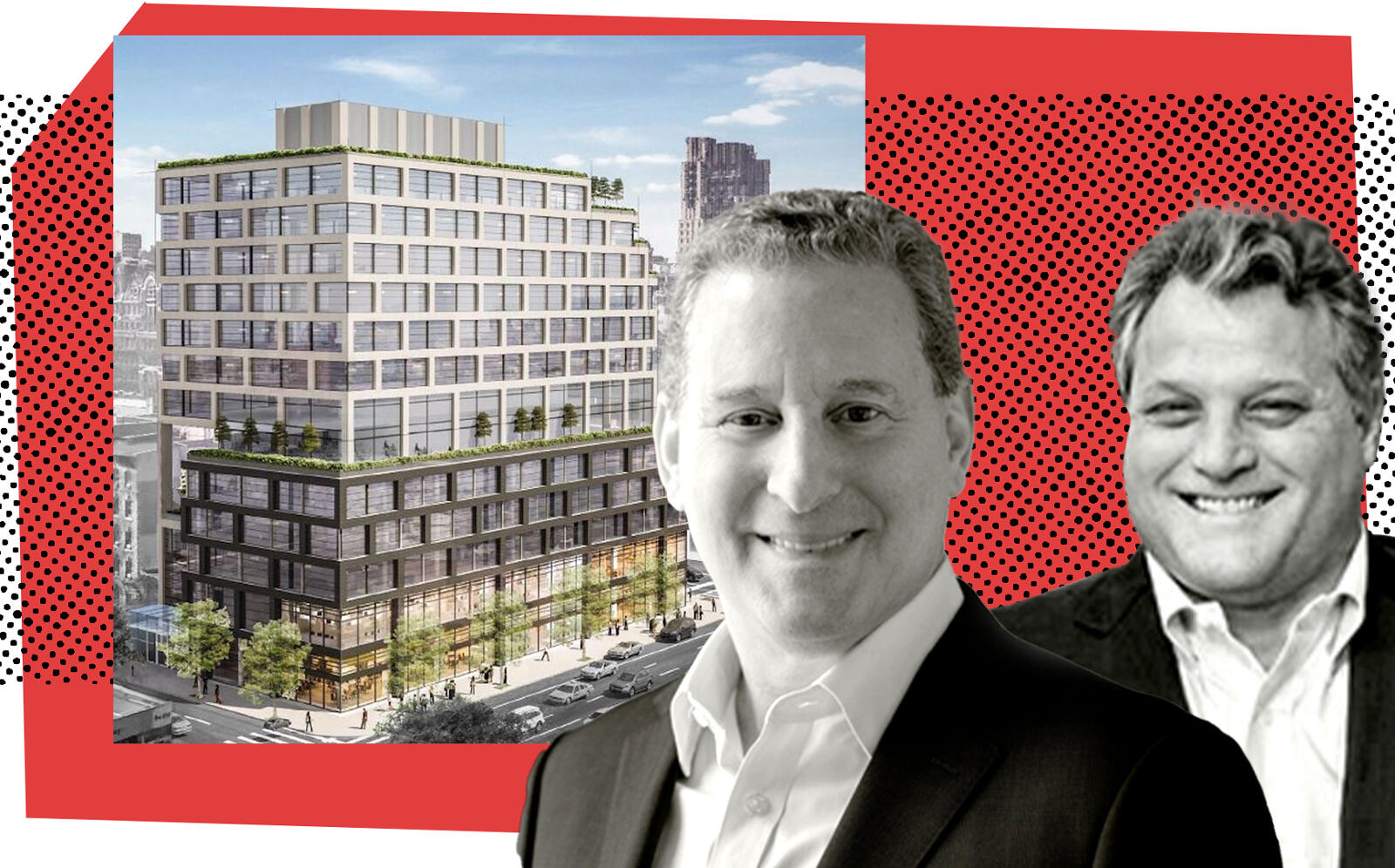 Alchemy ABR’s Kenneth Horn and Brian Ray with a rendering of 258-278 Eighth Avenue (Alchemy ABR, JJ Operating)