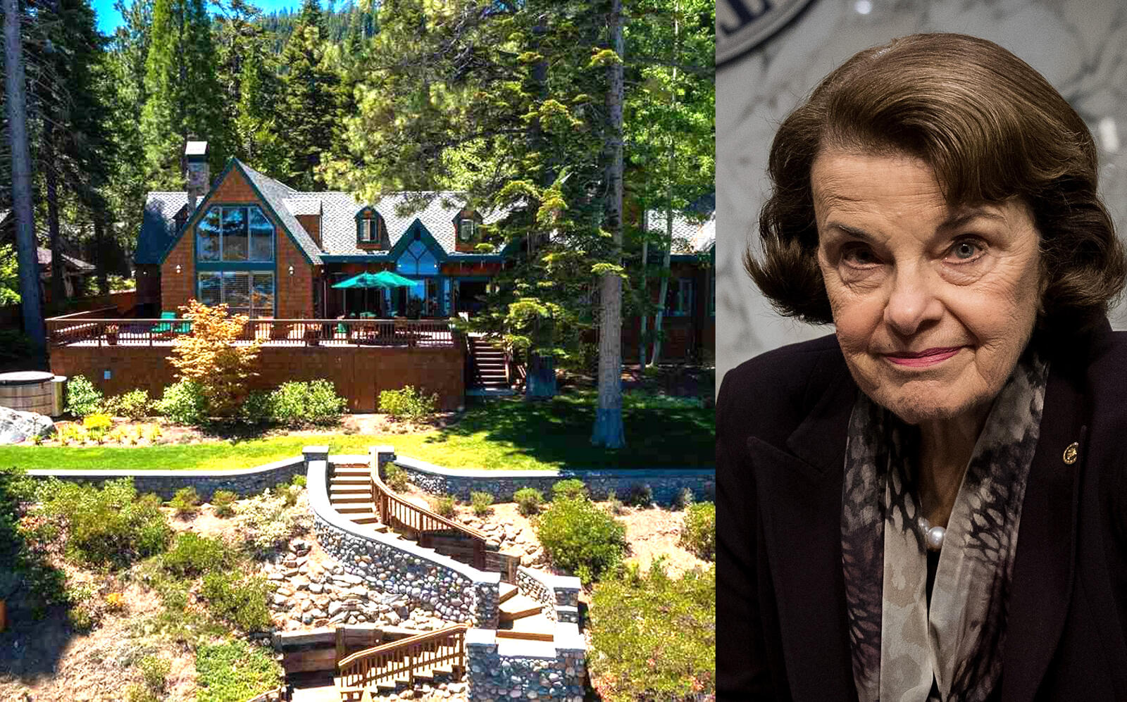 California Sen. Dianne Feinstein and her Lake Tahoe compound (Getty, Redfin)