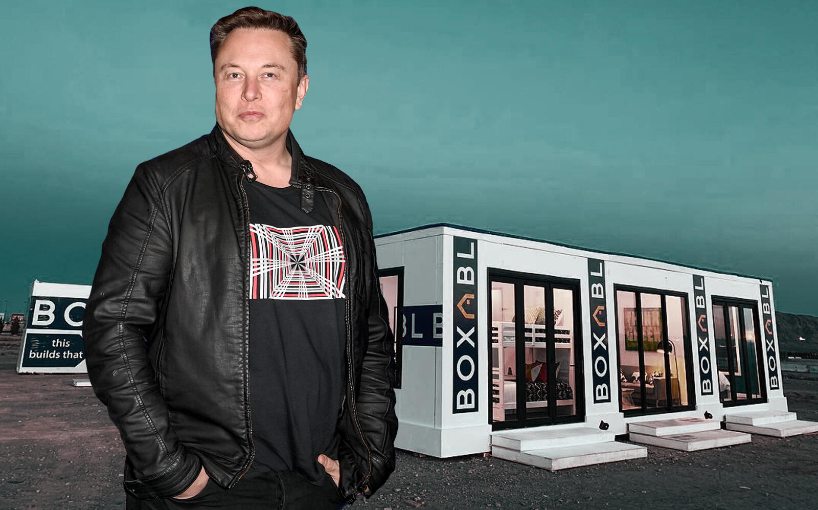 Elon Musk with Boxabl units (Getty, Facebook via Boxabl)