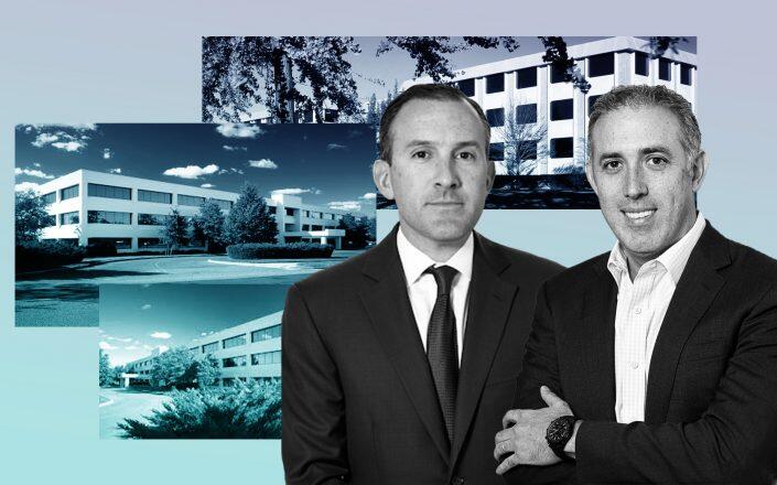 Josh Baumgarten (left) and Adam Schwartz, co-CEOs and co-Chief Investment Officers of Angelo Gordon with 2 Huntington Quadrangle, Melville, 6 and 8 Corporate Center Drive in Melville (Angelo Gordon, We’re Group)