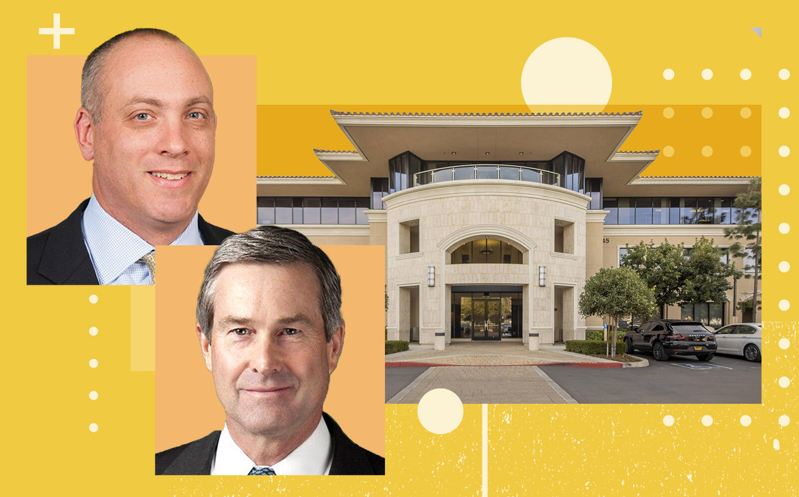 Amstar's Matthew Karp and Invesco's CEO Scott Dennis with 2945 Townsgate Road (Amstar, Twitter via CBRE, Crexi)