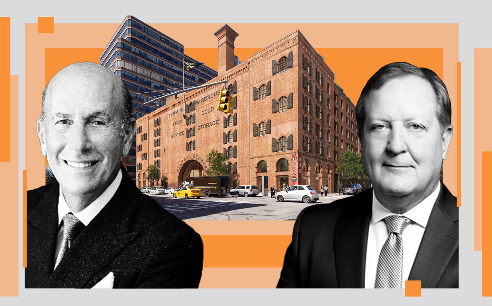 L&L Holding’s David Levinson and Columbia Property Trust's Nelson Mills with a rendering of 261 11th Avenue (L&L, Columbia Property Trust, Terminal Warehouse)