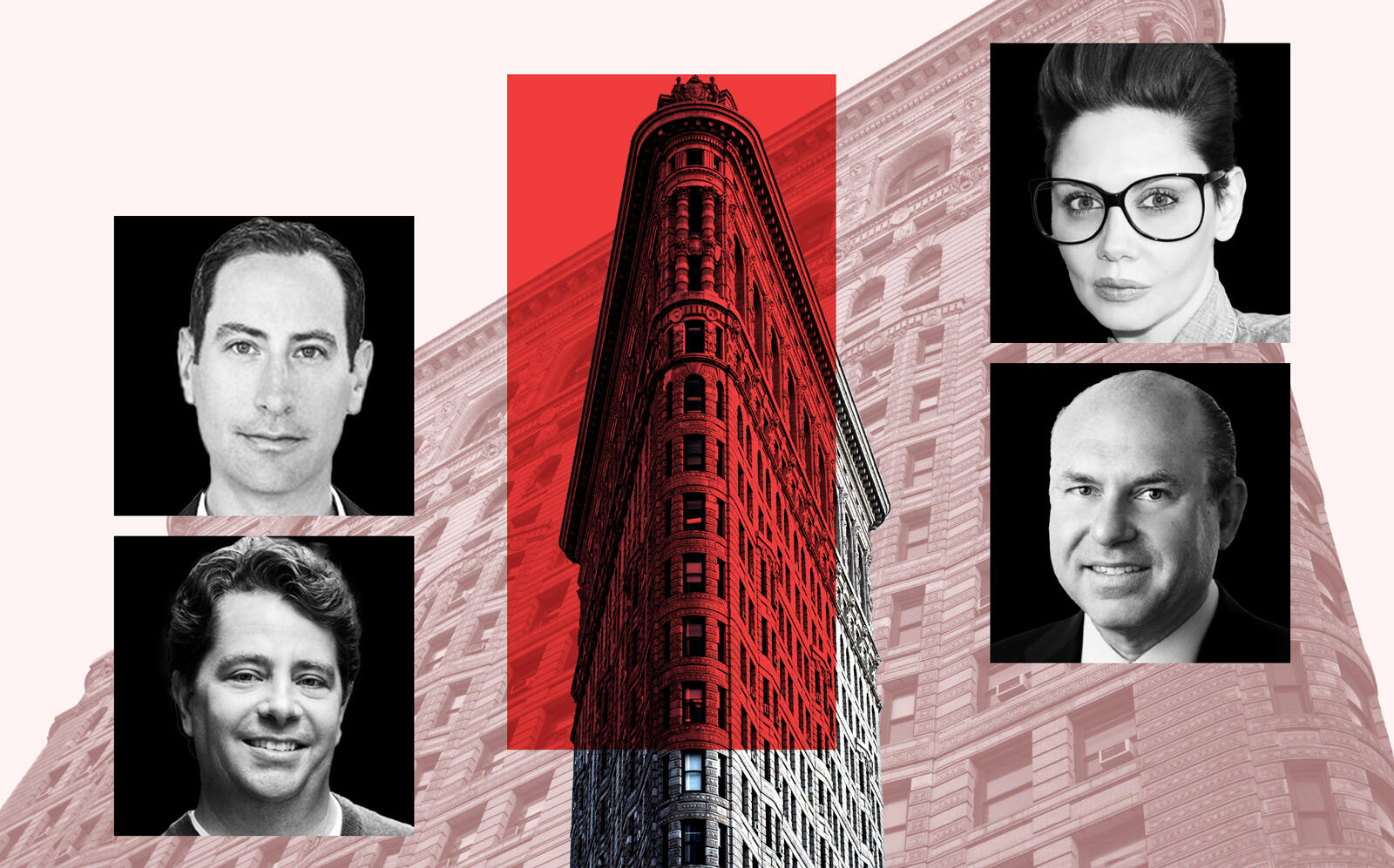 Clockwise from bottom left: GFP Real Estate co-CEOs Eric Gural and Brian Steinwurtzel, Sorgente Group president Veronica Mainetti and ABS President Gregg Schenker with the Flatiron Building (GFP, Sorgente, ABS, iStock)