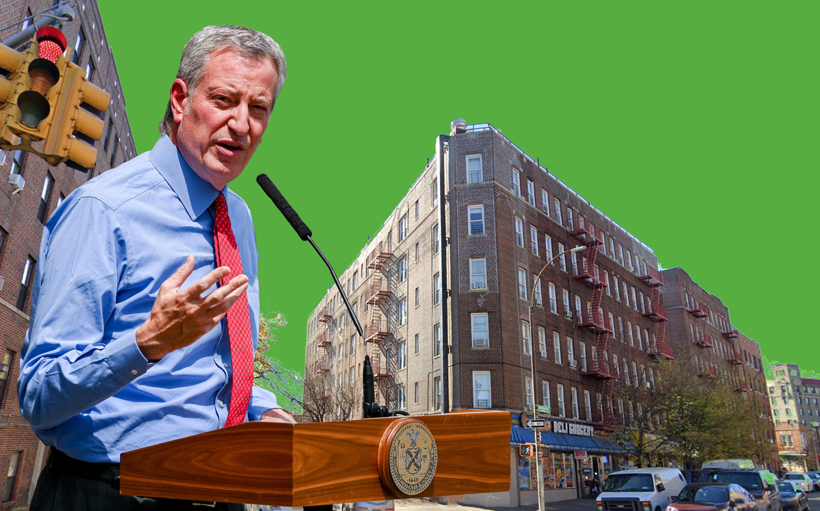 Mayor Bill de Blasio and 1206 Westchester Avenue in the Bronx (Getty, Google Maps)