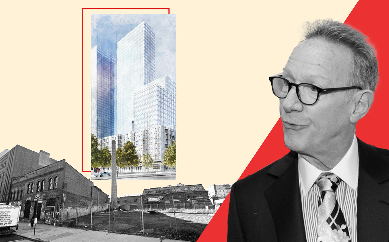 Continuum Company founder Ian Bruce Eichner and the former Spice Factory at 960 Franklin Street with a rendering of 960 Franklin Avenue (Getty, Google Maps, Continuum Company)