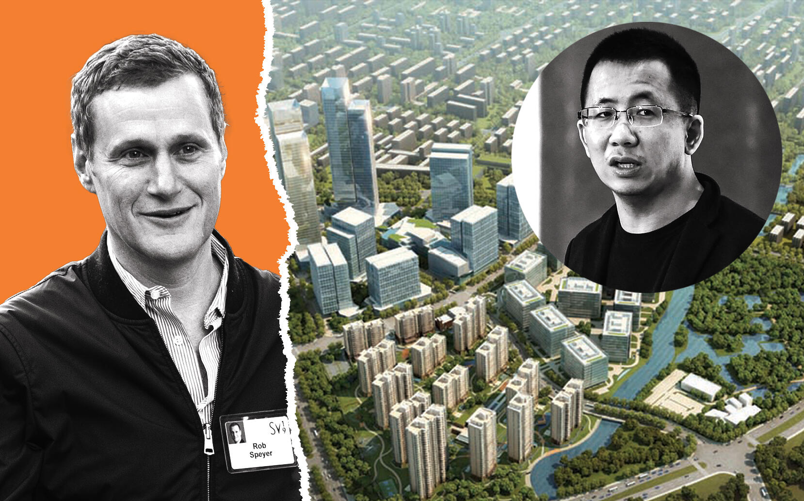 Tishman Speyer CEO Rob Speyer with ByteDance CEO Zhang Yiming and an aerial of The Springs (Getty, Tishman Speyer)